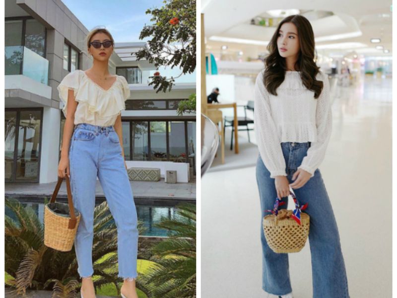 Áo blouse tay bồng và quần jean tạo vẻ ngoài trẻ trung, trang nhã