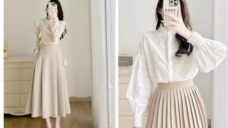 Kết hợp áo blouse tay bồng cùng chân váy midi xếp ly tạo vẻ ngoài thêm nữ tính