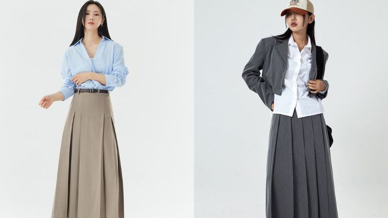Áo sơ mi cổ tàu cùng váy xếp ly là trang phục đậm nét Á Đông