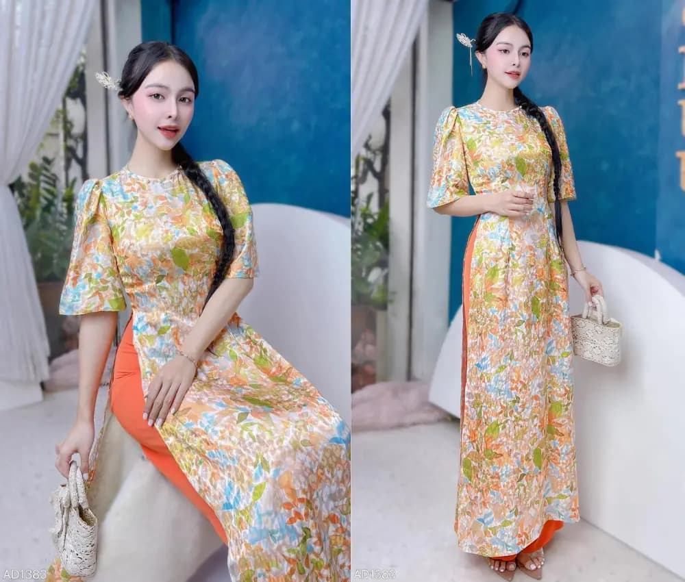Một mẫu áo dài gấm với thiết kế trẻ trung, hiện đại