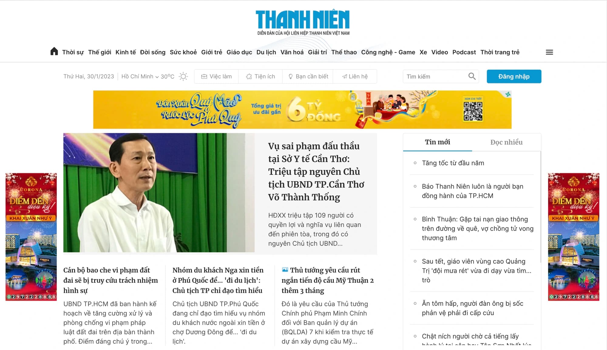 Giao diện trang chủ chuyên nghiệp của Báo Thanh Niên điện tử