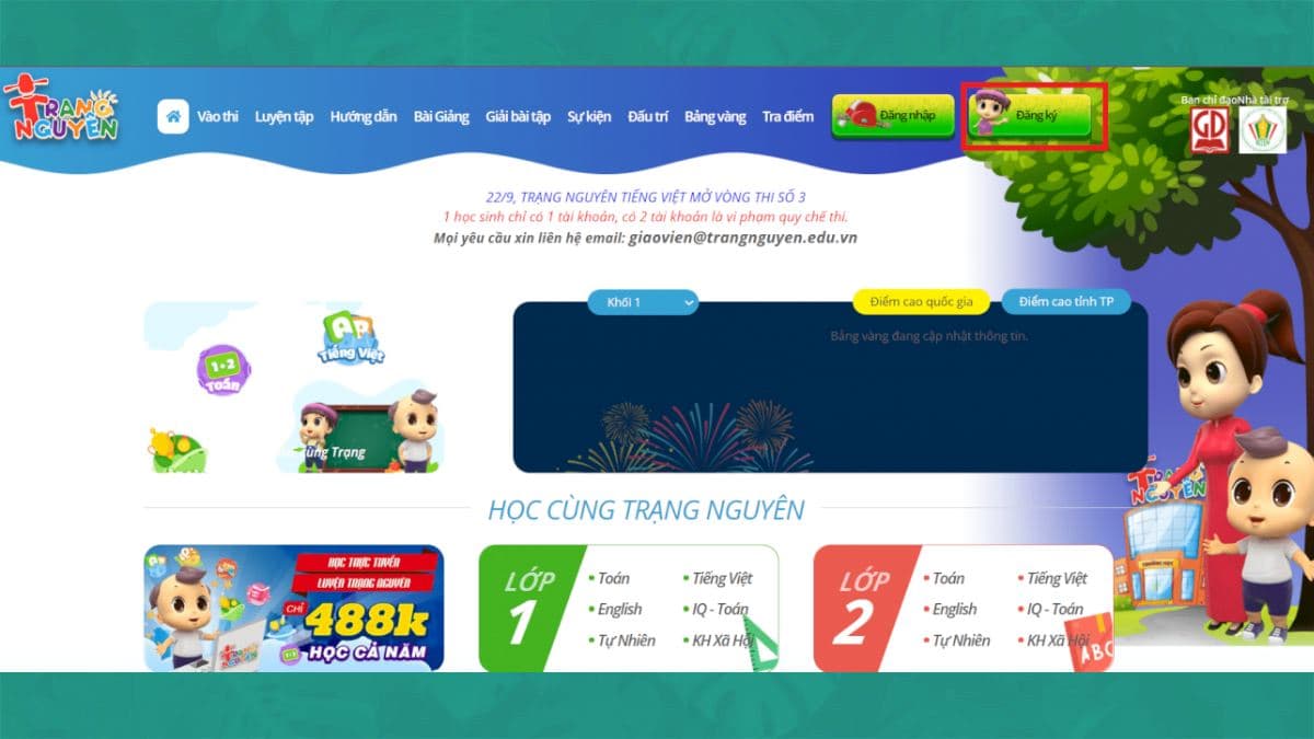 Giao diện website chính thức của sân chơi Trạng Nguyên Tiếng Việt
