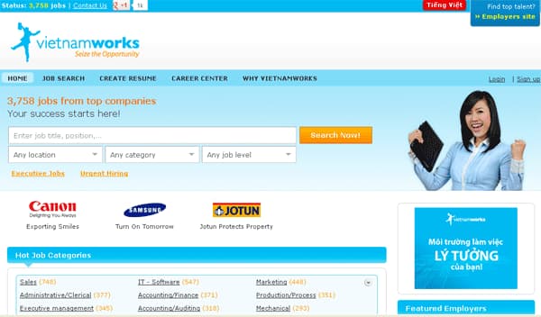 Giao diện trang chủ chuyên nghiệp của Vietnamworks