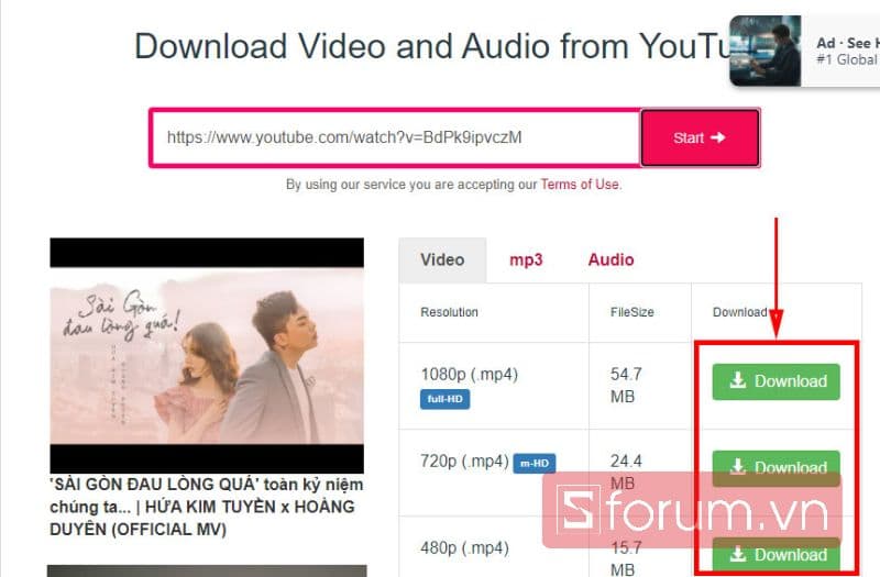 Giao diện một website hỗ trợ tải video YouTube
