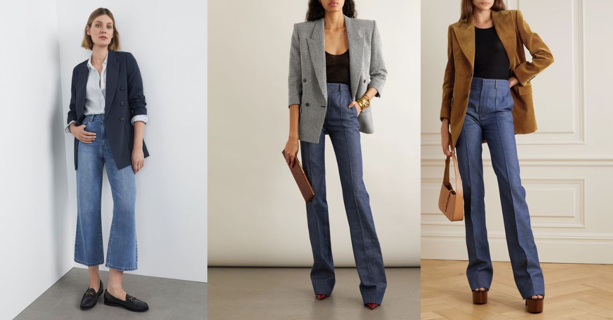 Quần jeans nữ phối blazer - Đi làm: lịch sự nhưng không bị cứng Quần jeans nữ phối blazer - Đi làm: lịch sự nhưng không bị cứng