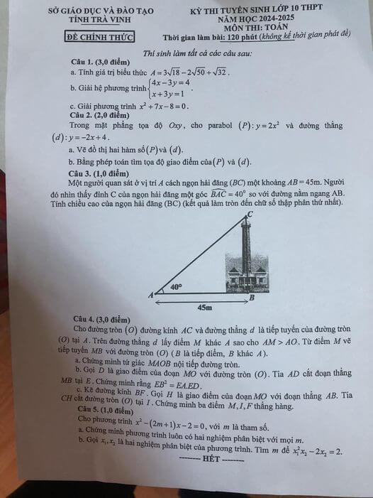 Đề thi tuyển sinh lớp 10 môn toán - Giúp học sinh hiểu rõ cấu trúc bài thi Đề thi tuyển sinh lớp 10 môn toán - Giúp học sinh hiểu rõ cấu trúc bài thi